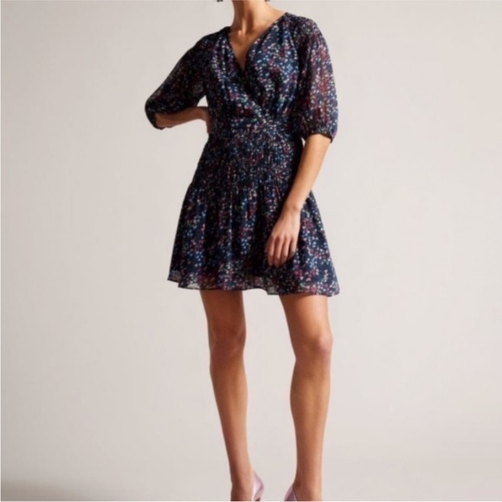 NWT Ted Baker Dress Casadee Smocked Panel Mini in Navy